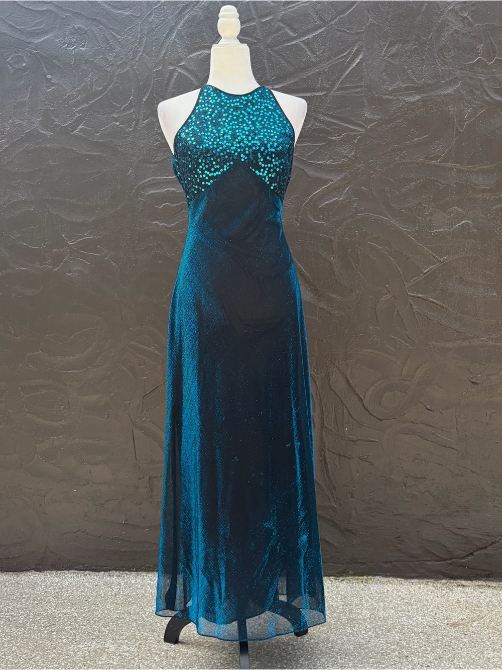 Vintage 90s Y2K Teal Blue Sequin Metallic Maxi Prom Dress Halter Open Back 7/8
